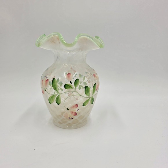 Fenton Handpainted Glass Vase Floral Ruffled Green Rim Collectible - Picture 2 of 5